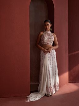 Tarini Vij - White Fusion Lehenga with Stitched Blouse & Dupatta (Set of 3)