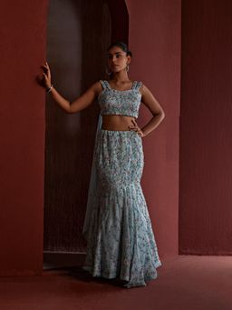 Tarini Vij - Powder Blue Fusion Lehenga with Stitched Blouse & Attached Dupatta (Set of 2)