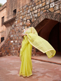 Tarini Vij - Lime Pre Draped Saree & Petticoat with Stitched Blouse