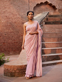Tarini Vij - Purple Pre Draped Saree & Petticoat with Stitched Blouse