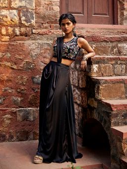 Tarini Vij - Black Pre Draped Saree with Attached Palla with Stitched Blouse