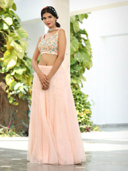 Tarini Vij - Peach Fusion Lehenga with Stitched Blouse & Dupatta (Set of 3)