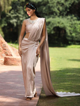 Tarini Vij - Rose Gold Pre Draped Saree Attached Petticoat with Stitched Blouse