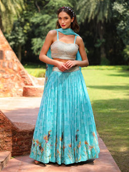 Tarini Vij - Powder Blue Fusion Lehenga with Stitched Blouse & Dupatta (Set of 3)