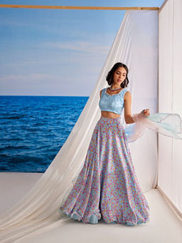 Tarini Vij - Powder Blue Lehenga with Stitched Blouse & Dupatta (Set of 3)