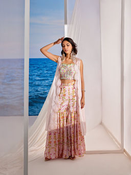 Tarini Vij - Blush Pink Sharara with Stitched Blouse & Jacket (Set of 3)