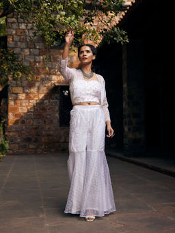 Tarini Vij - White Sharara with Kurti & Jacket (Set of 3)