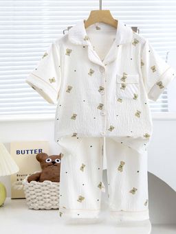 Little Surprise Box - Cream Collar Neck Half Sleeves Shirt with Pyjama