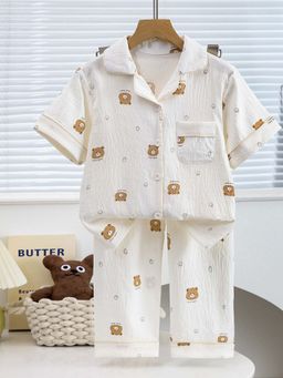 Little Surprise Box - Cream Collar Neck Half Sleeves Shirt with Pyjama