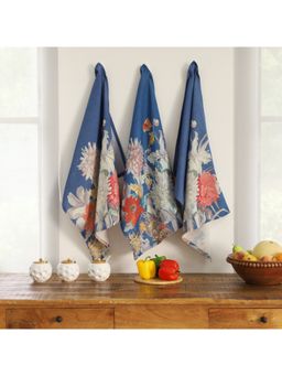 RATAN JAIPUR - Sea Flower Blue Cotton Kitchen Towel Set of 3