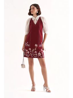 Our Love - Marcella Plum Maroon Banana Crepe Embroidered Mini Short Dress