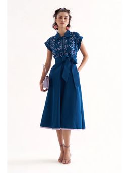 Our Love - Blue Cotton Twill And Schiffli Embroidered Midi Dress With Belt (Set of 2)