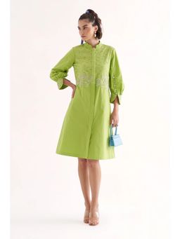 Our Love - Estelle Lime Green Cotton Embroidered Knee Length Dress