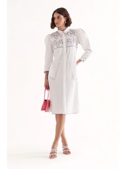 Our Love - Claire Cotton Satin And Schiffli White Embroidered Knee Length Dress
