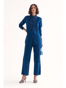 Our Love - Razz Persian Blue Cotton Twill And Schiffli Embroidered Shirt & Pant (Set of 2)