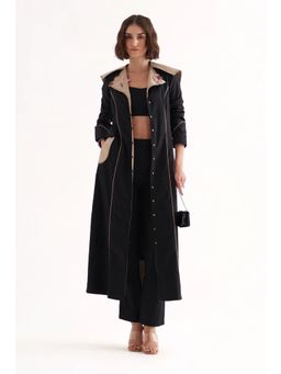 Our Love - Cray Cotton Satin Black Crop Top And Pants With Embroidered Trench Coat (Set of 3)