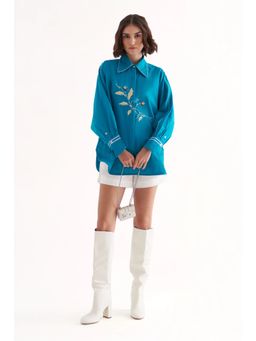 Our Love - Roseate Cotton Turquoise Embroidered Shirt With White Shorts (Set of 2)
