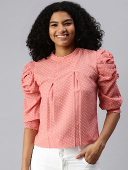 SHOWOFFFF - Women Crew Neck Puff Sleeves Polka Dots Peach Top