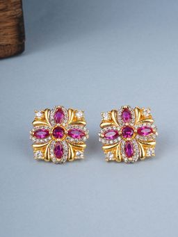 Voylla - American Diamond CZ Gold Plated Brass Stud Earrings with Purple Stone