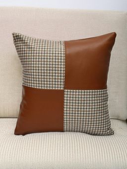 At Home by Nilkamal - Houndstooth Pattern Fabric and Leatherette 16" x 16" Cushion Cover Multi color