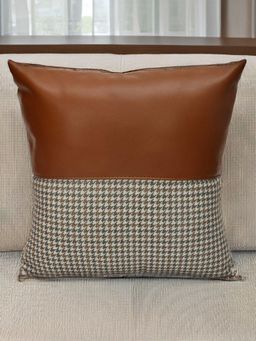 At Home by Nilkamal - Houndstooth with Solid Fabric & Leatherette 16" x 16" Cushion Cover Multi color