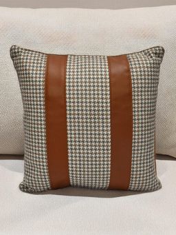 At Home by Nilkamal - Houndstooth with Straps Fabric & Leatherette 16" x 16" Cushion Cover Multi color
