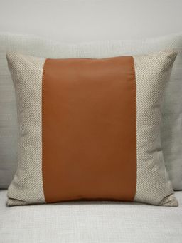 At Home by Nilkamal - Abstract with Plain Strap Fabric & Leatherette 16" x 16" Cushion Cover Beige