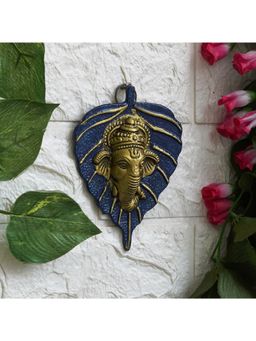 eCraftIndia - Blue and Golden Lord Ganesha Face On Leaf Wall Hanging Decorative Showpiece