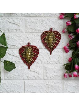 eCraftIndia - Golden and Red Peepal Leaf Ganesha Wall Hangings (Set of 2)