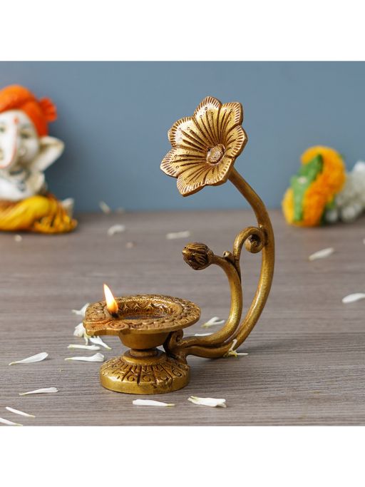 eCraftIndia Golden Decorative Brass Diya with Flower Handle