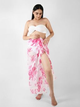 Blissence - White And Pink Floral Printed Long Sarong