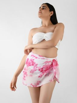 Blissence - White And Pink Floral Printed Short Sarong