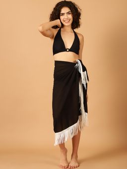 Blissence - Black Sarong With White Fringes At The Edge