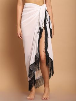Blissence - White Sarong With Black Fringes At The Edge
