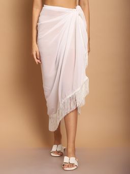 Blissence - White Sarong With Fringes At The Edge