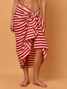 Blissence - Red And White Horizontal Stripes Printed Long Sarong