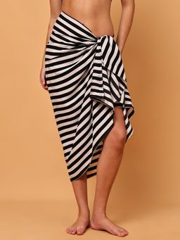 Blissence - Black And White Horizontal Stripes Printed Long Sarong