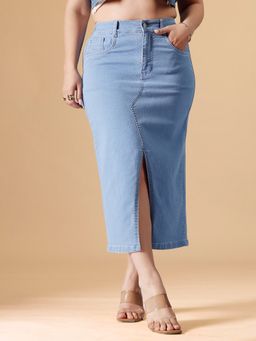Miss Chase - A+ Curve Collection Plus Size Women's Light Blue Straight Denim Midi Skirt