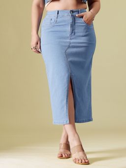 Miss Chase - A+ Curve Collection Plus Size Women's Light Blue Straight Denim Midi Skirt