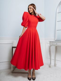STARIN - Vivienne - Puff Sleeve Backless Dress in Red