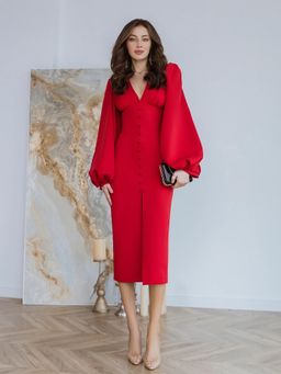 STARIN - Scarlet - Puff Sleeves Midi Dress in Red