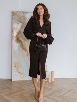 STARIN - Scarlet - Puff Sleeves Midi Dress in Black