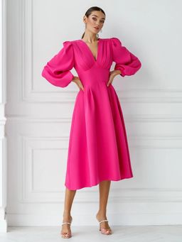 STARIN - Estelle - Hot Pink V-Neck balloon Sleeve Dress