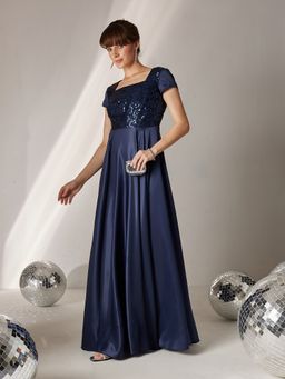 Miss Chase - Women's Navy Blue Embellished Maxi Dress