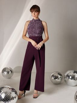 Miss Chase - Women's Purple High Neck Sleeveless Embellished Jumpsuit