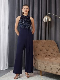 Miss Chase - Women's Navy Blue High Neck Sleeveless Embellished Jumpsuit