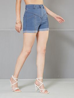 Miss Chase - Women's Blue Relaxed-Fit High-Rise Blue Denim Shorts