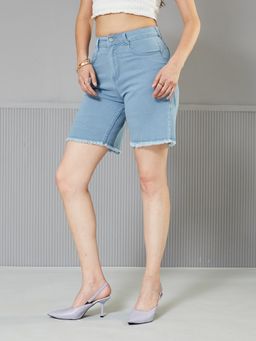 Miss Chase - Women's Light Blue Regular High Rise Above Knee Denim Shorts