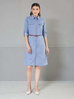 Miss Chase - Women's Blue Rolled Up Full Sleeve Denim Dress with Belt