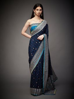 RI.Ritu Kumar - Aqua and Turquoise Sikander Embroidered Saree With Unstitched Blouse